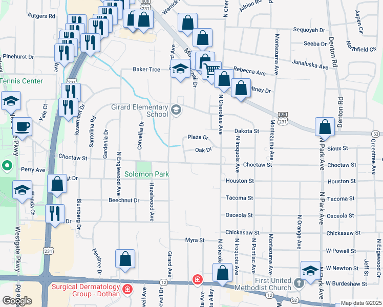 map of restaurants, bars, coffee shops, grocery stores, and more near 1517 Oak Drive in Dothan