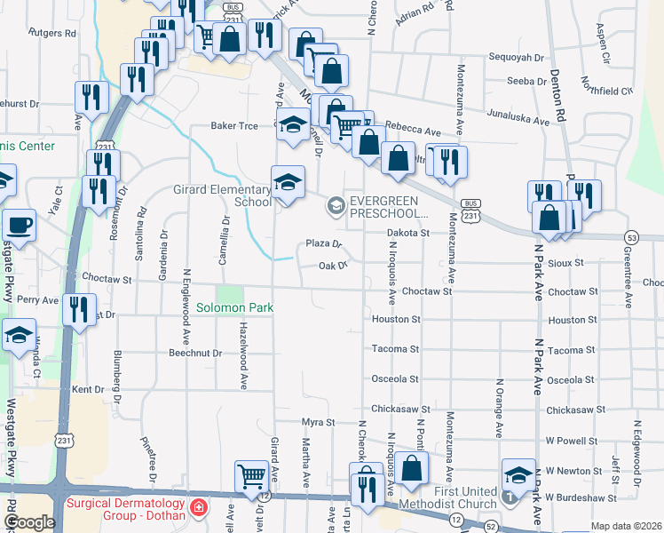 map of restaurants, bars, coffee shops, grocery stores, and more near 1509 Oak Drive in Dothan