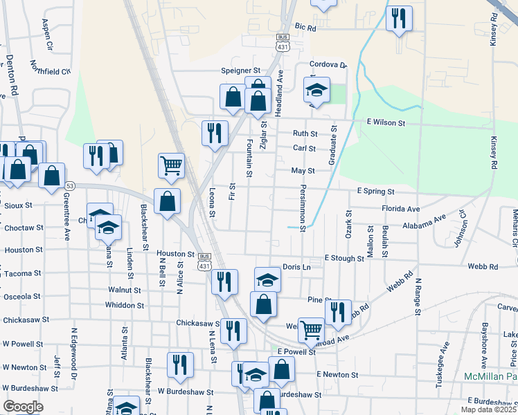 map of restaurants, bars, coffee shops, grocery stores, and more near 1039-1045 Fountain Street in Dothan