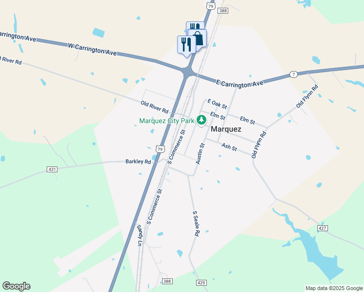 map of restaurants, bars, coffee shops, grocery stores, and more near 402 South Commerce Street in Marquez