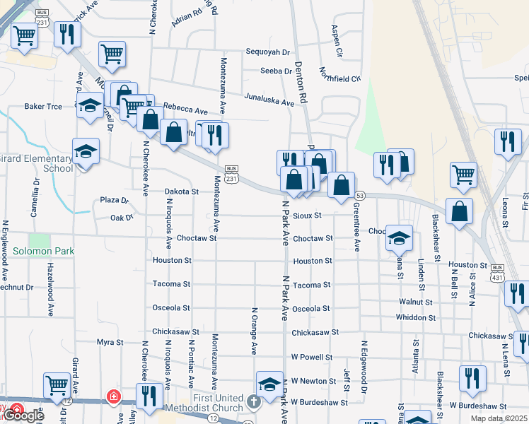 map of restaurants, bars, coffee shops, grocery stores, and more near 1301 Sioux Street in Dothan