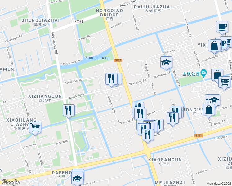 map of restaurants, bars, coffee shops, grocery stores, and more near 108 Ka Yuan Er Lu in Shanghai