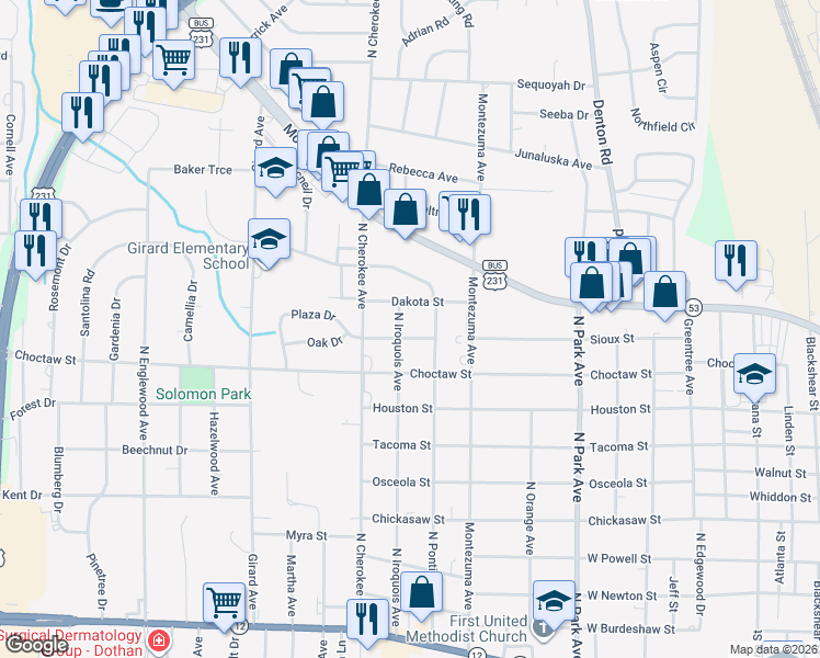 map of restaurants, bars, coffee shops, grocery stores, and more near 800 North Iroquois Avenue in Dothan