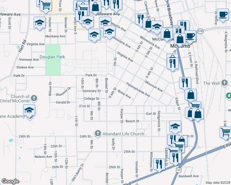 map of restaurants, bars, coffee shops, grocery stores, and more near 724 S 5th St in McComb