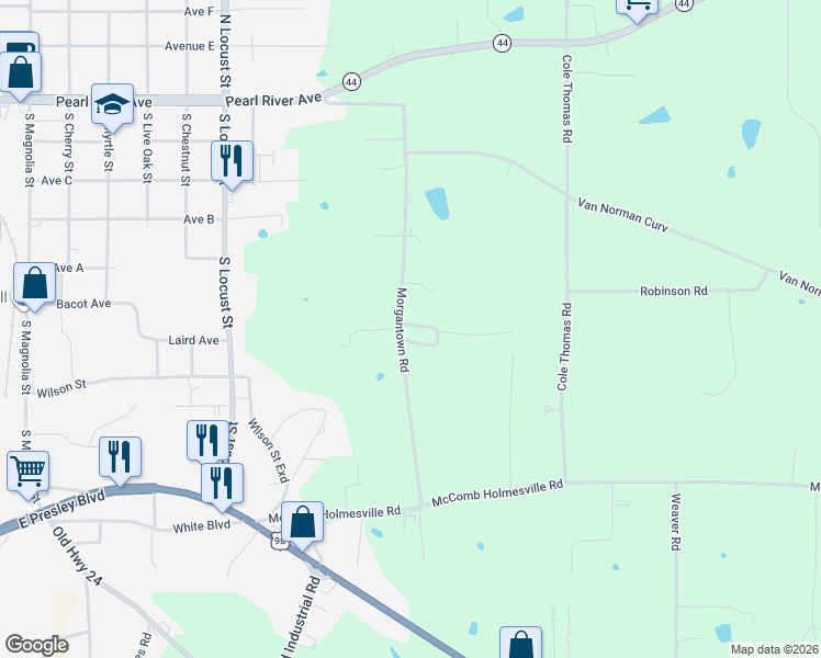 map of restaurants, bars, coffee shops, grocery stores, and more near 1088 Morgantown Road in McComb