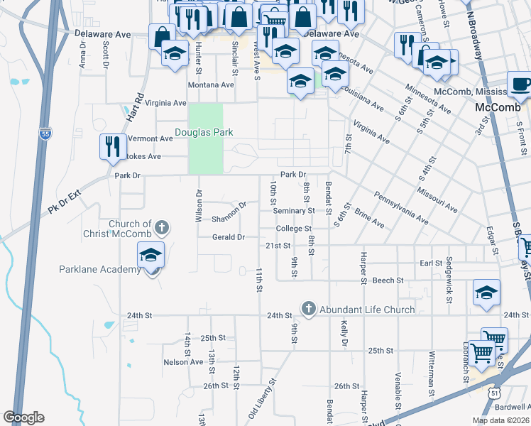 map of restaurants, bars, coffee shops, grocery stores, and more near 623 10th Street in McComb