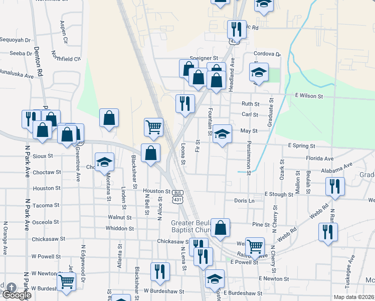 map of restaurants, bars, coffee shops, grocery stores, and more near 304 West Spring Street in Dothan