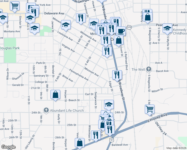 map of restaurants, bars, coffee shops, grocery stores, and more near 423 Missouri Avenue in McComb
