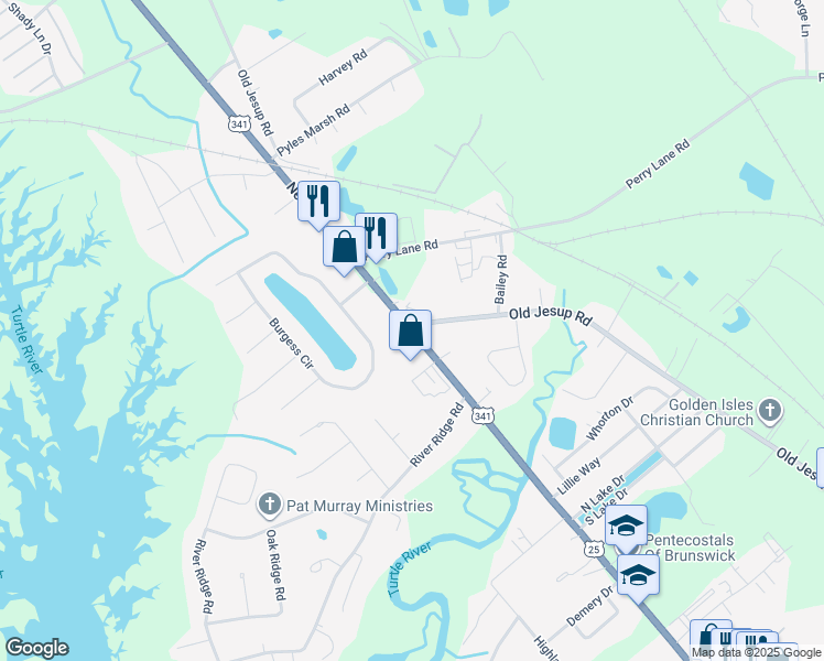 map of restaurants, bars, coffee shops, grocery stores, and more near 5970 Golden Isles Parkway in Brunswick