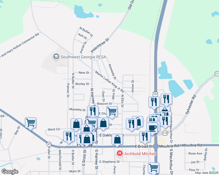 map of restaurants, bars, coffee shops, grocery stores, and more near 63 Fry Place in Camilla