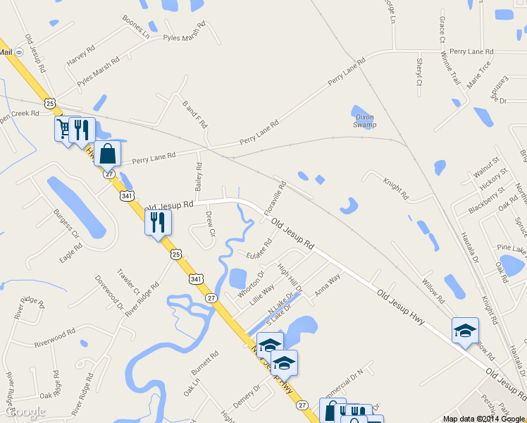 map of restaurants, bars, coffee shops, grocery stores, and more near 2128 Old Jesup Road in Brunswick