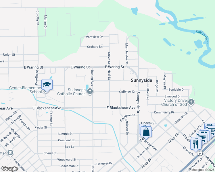map of restaurants, bars, coffee shops, grocery stores, and more near 908 East Myrtle Avenue in Waycross
