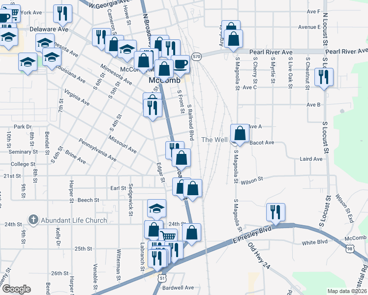 map of restaurants, bars, coffee shops, grocery stores, and more near 432 South Railroad Boulevard in McComb