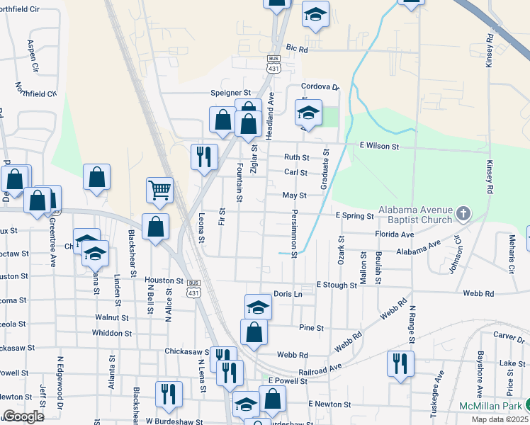 map of restaurants, bars, coffee shops, grocery stores, and more near 701 Headland Avenue in Dothan