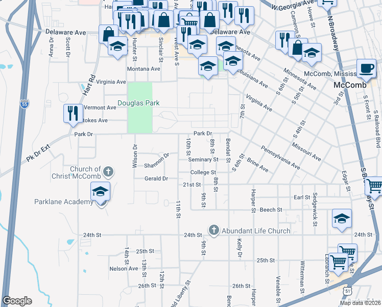 map of restaurants, bars, coffee shops, grocery stores, and more near 623 10th Street in McComb