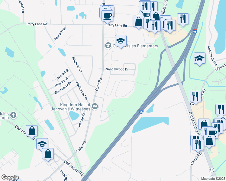 map of restaurants, bars, coffee shops, grocery stores, and more near 248 South Teakwood Court in Brunswick