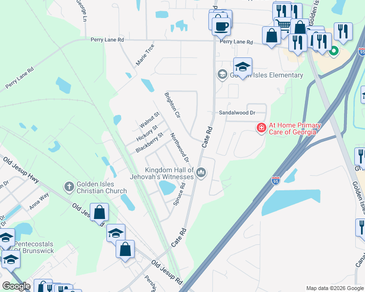 map of restaurants, bars, coffee shops, grocery stores, and more near 112 Northwood Drive in Brunswick