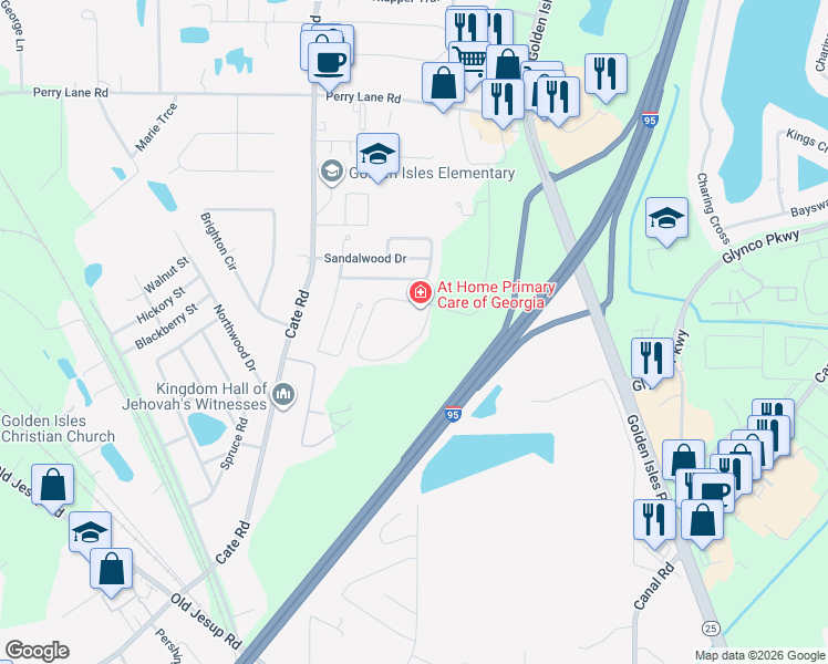 map of restaurants, bars, coffee shops, grocery stores, and more near 231 Sandalwood Circle in Brunswick