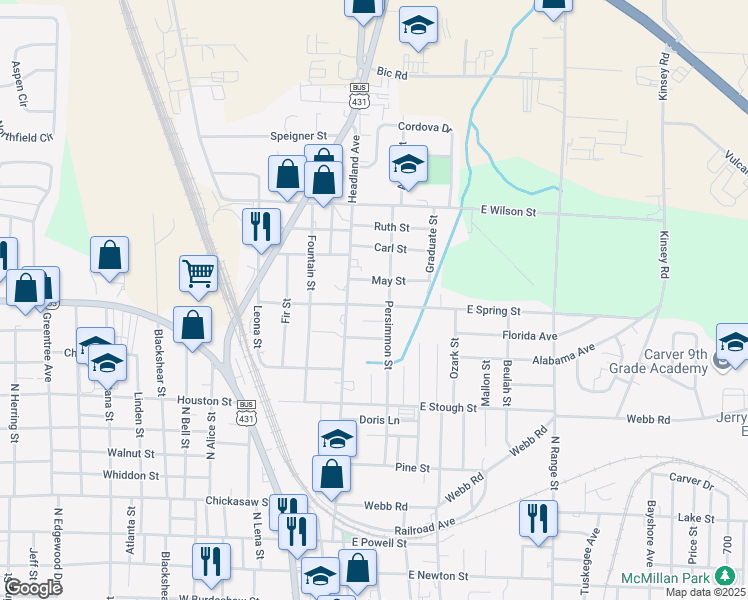 map of restaurants, bars, coffee shops, grocery stores, and more near 107 East Spring Street in Dothan
