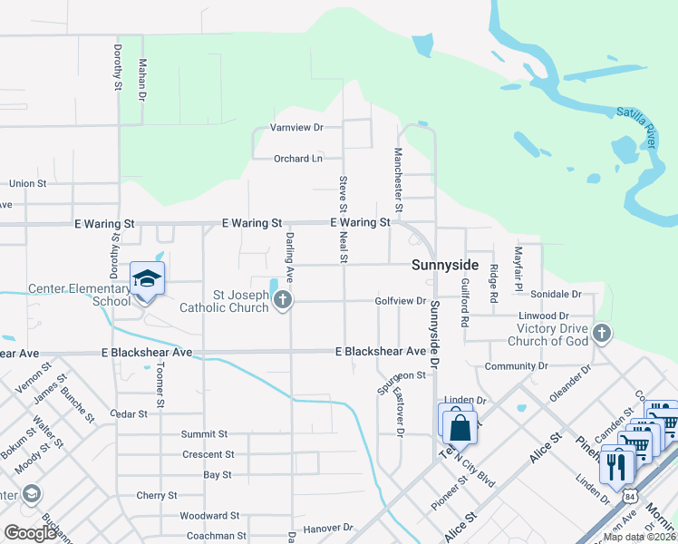 map of restaurants, bars, coffee shops, grocery stores, and more near 908 East Myrtle Avenue in Waycross