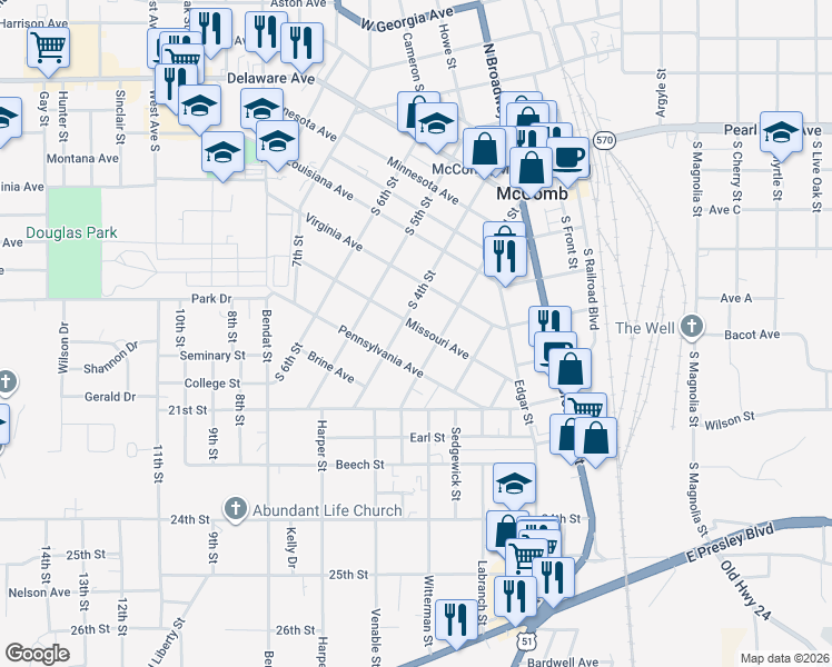 map of restaurants, bars, coffee shops, grocery stores, and more near 519 Missouri Avenue in McComb