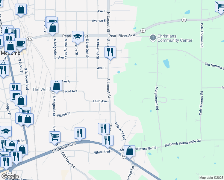 map of restaurants, bars, coffee shops, grocery stores, and more near 501 South Locust Street in McComb