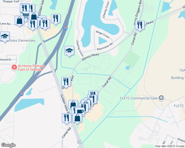map of restaurants, bars, coffee shops, grocery stores, and more near 1030 Glynco Parkway in Brunswick