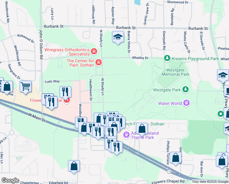 map of restaurants, bars, coffee shops, grocery stores, and more near 612 North Shady Lane in Dothan