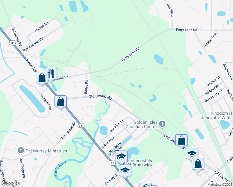map of restaurants, bars, coffee shops, grocery stores, and more near 2128 Old Jesup Road in Brunswick
