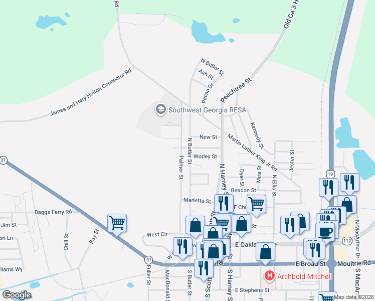 map of restaurants, bars, coffee shops, grocery stores, and more near 260 Palmer Street in Camilla