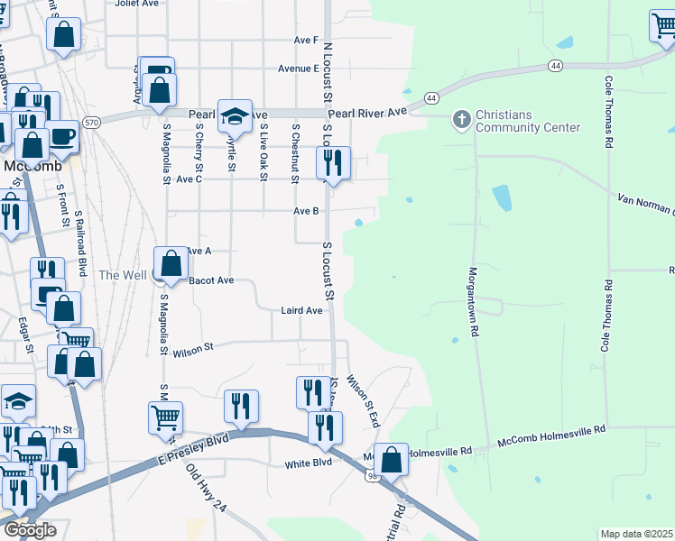 map of restaurants, bars, coffee shops, grocery stores, and more near 501 South Locust Street in McComb