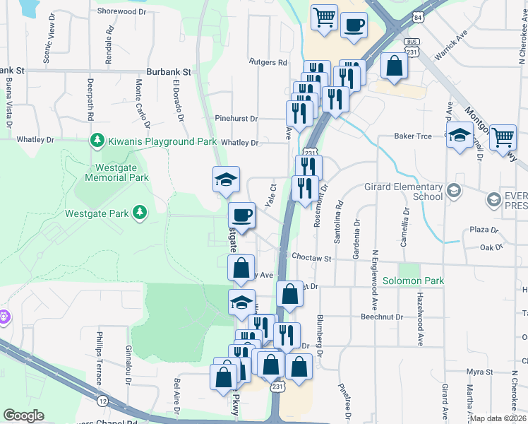 map of restaurants, bars, coffee shops, grocery stores, and more near Meadowbrook Drive in Dothan