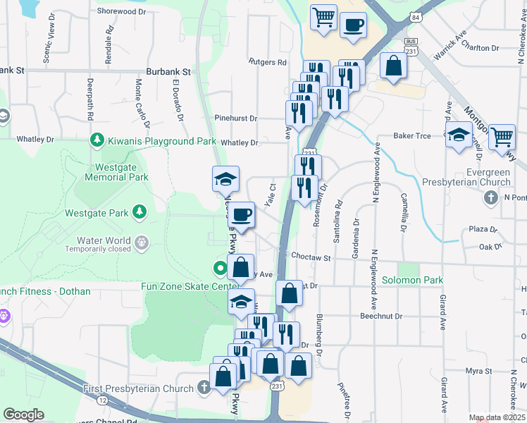 map of restaurants, bars, coffee shops, grocery stores, and more near 301 Meadowbrook Drive in Dothan
