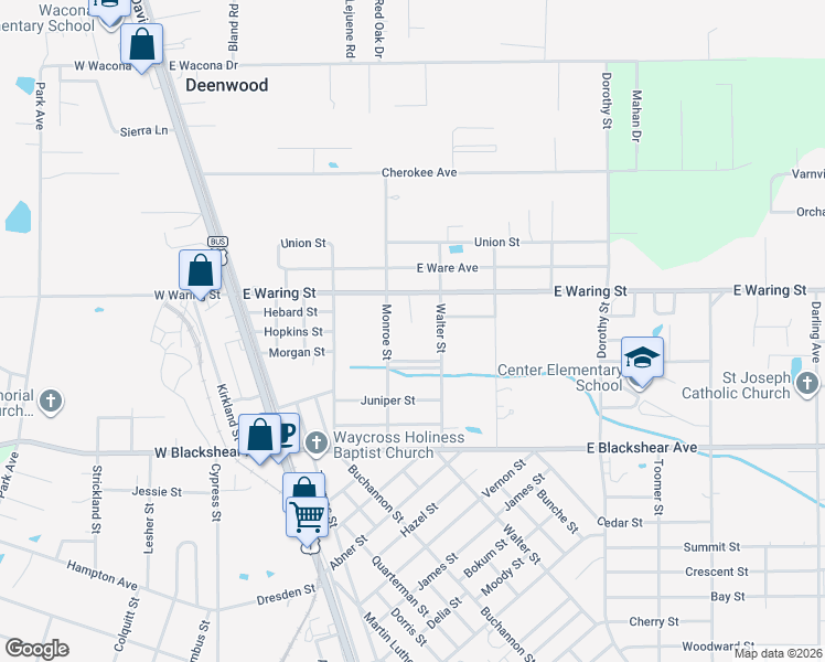 map of restaurants, bars, coffee shops, grocery stores, and more near 400-414 West Parkway Drive in Waycross