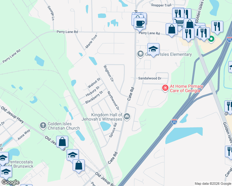 map of restaurants, bars, coffee shops, grocery stores, and more near 112 Northwood Drive in Brunswick