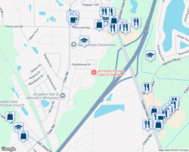 map of restaurants, bars, coffee shops, grocery stores, and more near 231 Sandalwood Circle in Brunswick