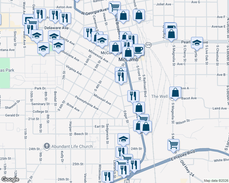 map of restaurants, bars, coffee shops, grocery stores, and more near 326 Virginia Avenue in McComb