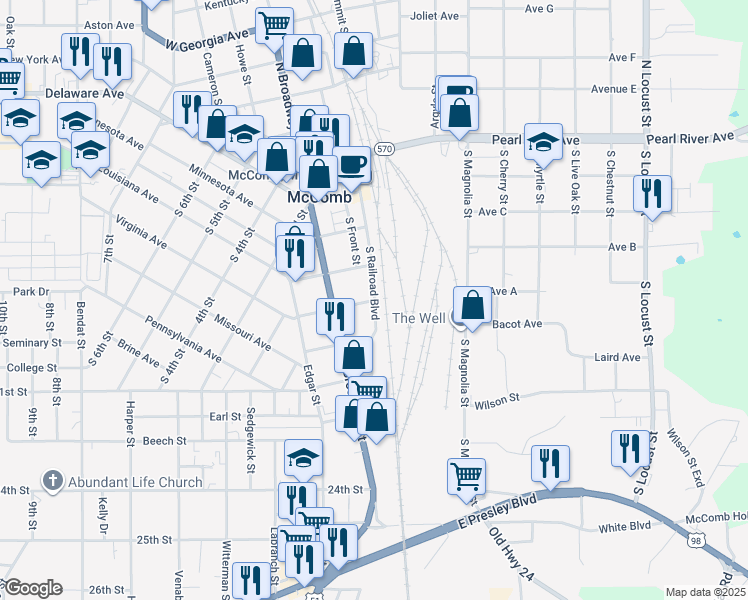 map of restaurants, bars, coffee shops, grocery stores, and more near South Railroad Boulevard in McComb