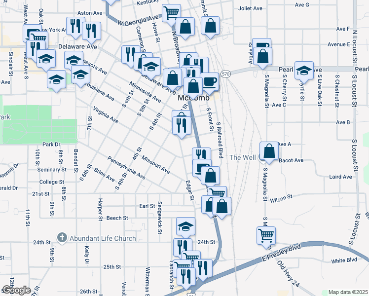 map of restaurants, bars, coffee shops, grocery stores, and more near 310 Edgar Street in McComb
