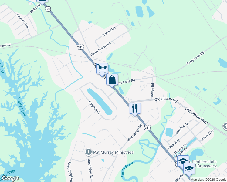 map of restaurants, bars, coffee shops, grocery stores, and more near 6060 New Jesup Hwy in Brunswick