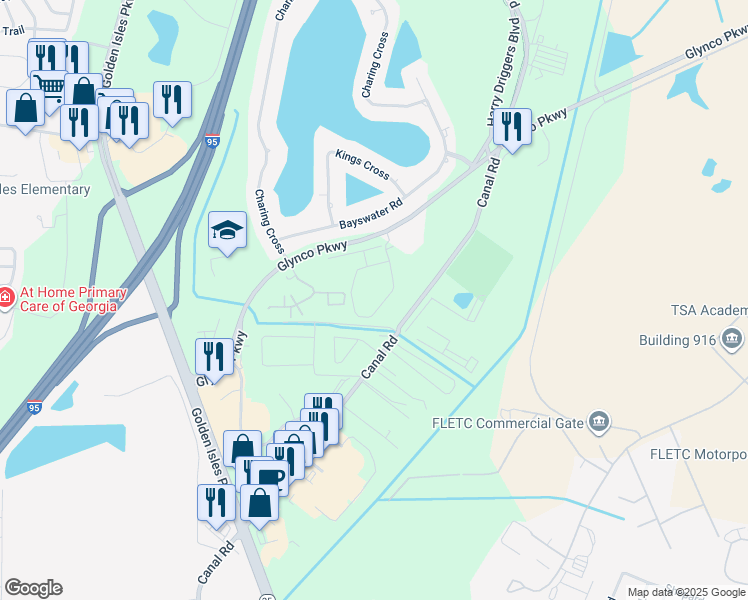 map of restaurants, bars, coffee shops, grocery stores, and more near 1530 Sawgrass Village Parkway in Brunswick