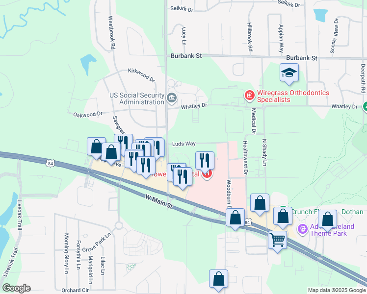 map of restaurants, bars, coffee shops, grocery stores, and more near John D Odom Road in Dothan