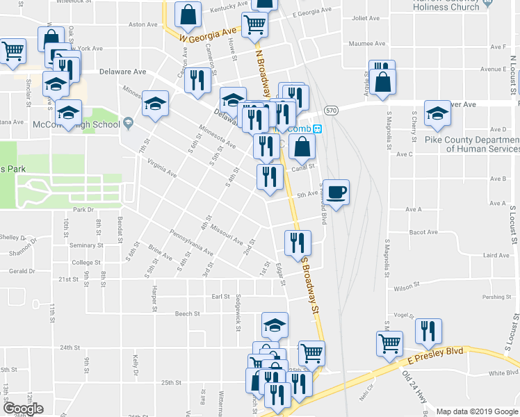 map of restaurants, bars, coffee shops, grocery stores, and more near 310 Edgar Street in McComb