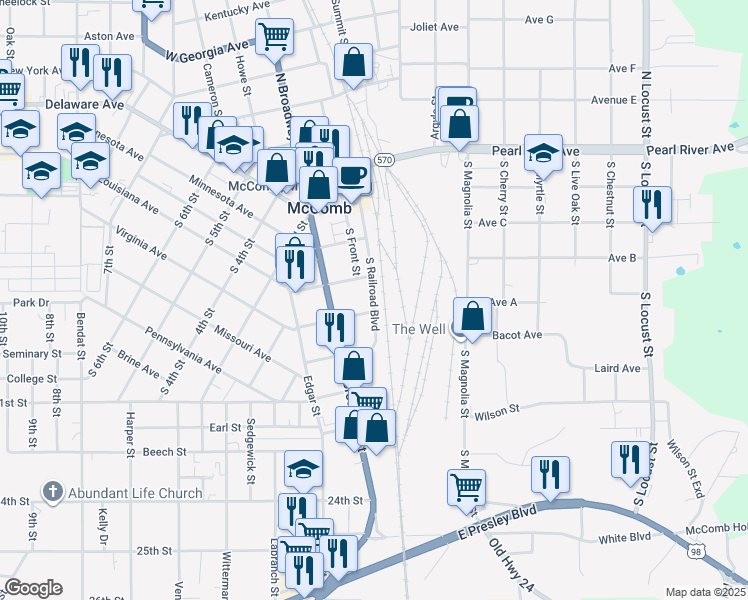 map of restaurants, bars, coffee shops, grocery stores, and more near South Railroad Boulevard in McComb