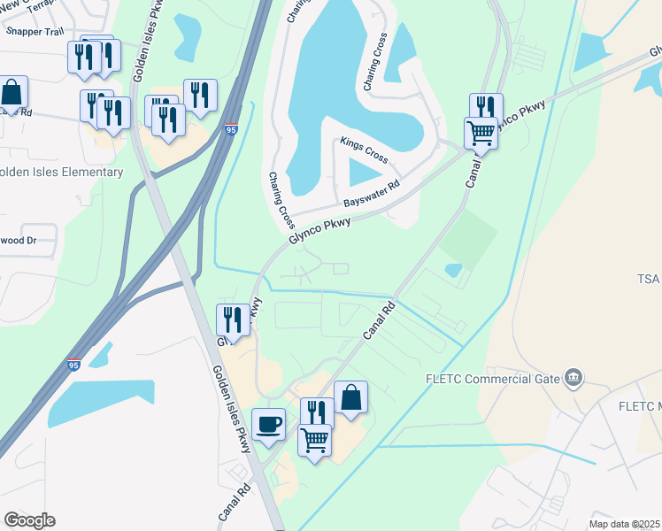 map of restaurants, bars, coffee shops, grocery stores, and more near 1030 Glynco Parkway in Brunswick