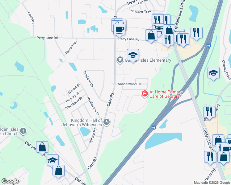 map of restaurants, bars, coffee shops, grocery stores, and more near 1324 Cate Road in Brunswick