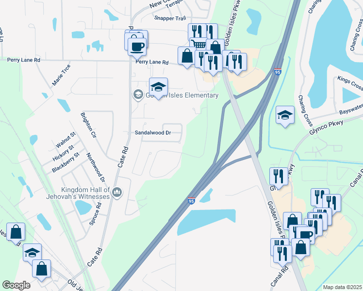 map of restaurants, bars, coffee shops, grocery stores, and more near 231 Sandalwood Circle in Brunswick