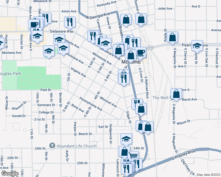 map of restaurants, bars, coffee shops, grocery stores, and more near 424 3rd St in McComb