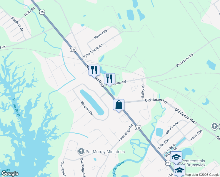 map of restaurants, bars, coffee shops, grocery stores, and more near 6060 New Jesup Highway in Brunswick