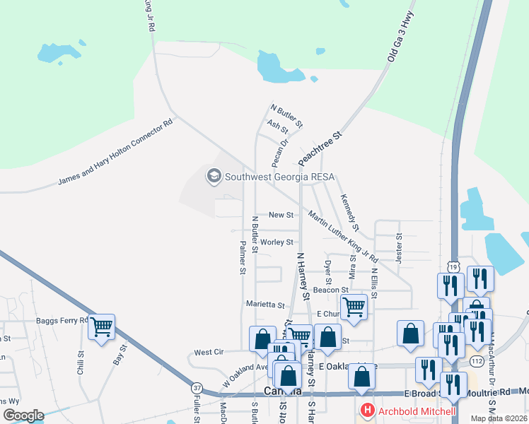 map of restaurants, bars, coffee shops, grocery stores, and more near 89 New Street in Camilla